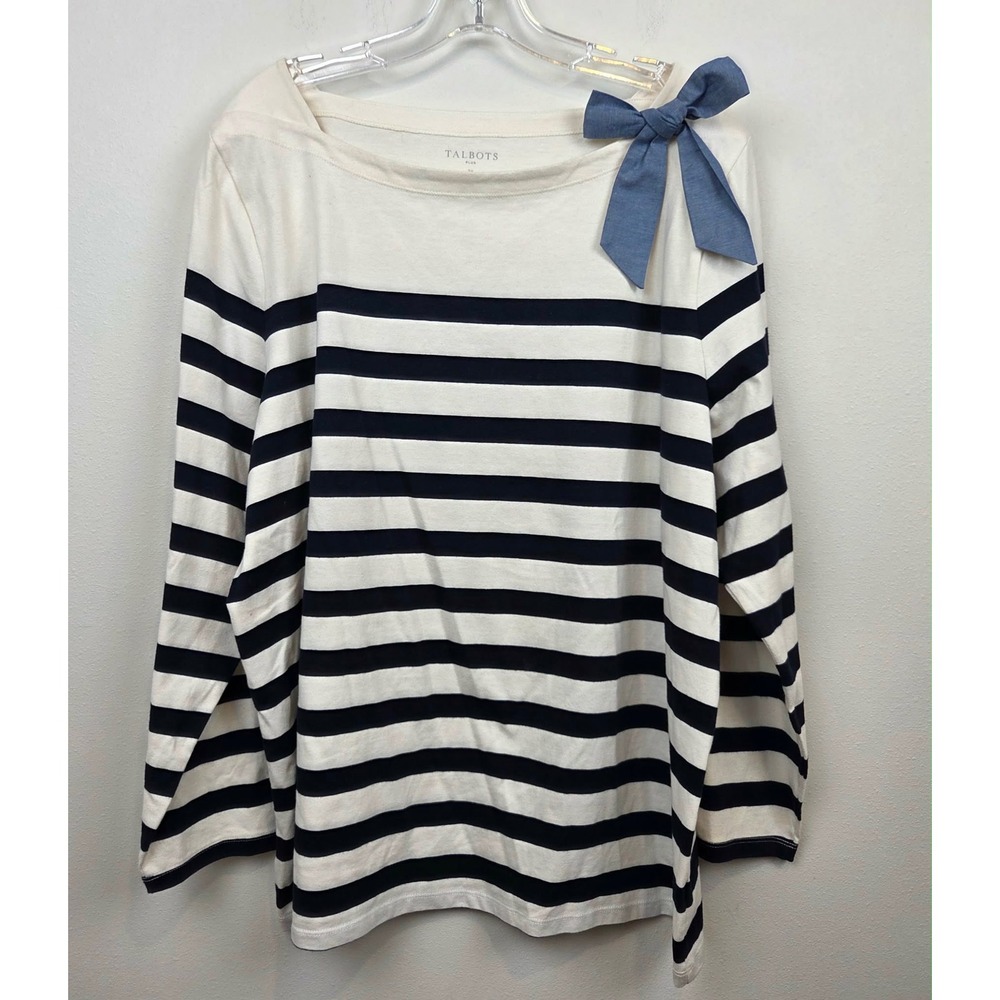 Talbots Plus Womens 2X Striped Boat Neck Top Shoulder Bow Cotton